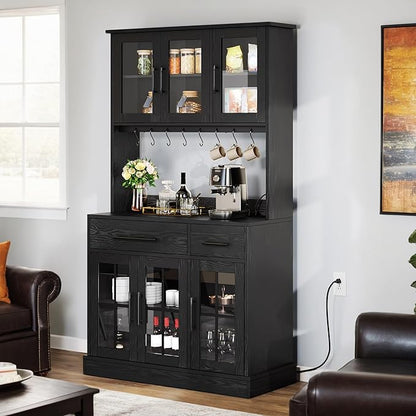DWVO 2-Pack Kitchen Pantry Storage Cabinet Set, 71'' Tall Coffee Bar Cabinets with Microwave Stand and Power Outlet, Glass Door Kitchen Hutch with Drawers ＆ Shelves for Home Living Dining Room, Black