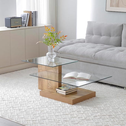 Glass Coffee Table with Storage, 44 Inch Rectangular Coffee Tables for Living Room, 3-Tier Tempered Glass Wooden Center Table Modern Accent Cocktail Table for Home Office (Wood)