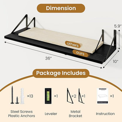 Acovy Black Deep Floating Shelves for Wall,36" Wx10 D Wood Wall Shelves with Metal Brackets,Hanging Storage Floating Shelf for Living Room,Bedroom,Bathroom,Office,Kitchen