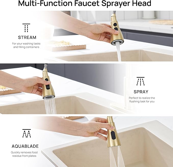 GAGALIFE Brushed Gold Kitchen Faucets with Pull Down Sprayer - High Pressure Blade Spray Kitchen Sink Faucet, High Arc Single Handle Stainless Steel Classic Pull Out Spray Kitchen Faucet 1 or 3 Hole