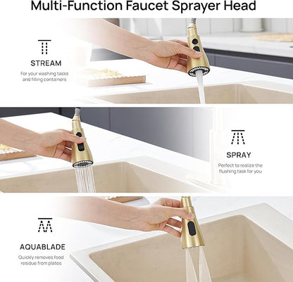 GAGALIFE Brushed Gold Kitchen Faucets with Pull Down Sprayer - High Pressure Blade Spray Kitchen Sink Faucet, High Arc Single Handle Stainless Steel Classic Pull Out Spray Kitchen Faucet 1 or 3 Hole