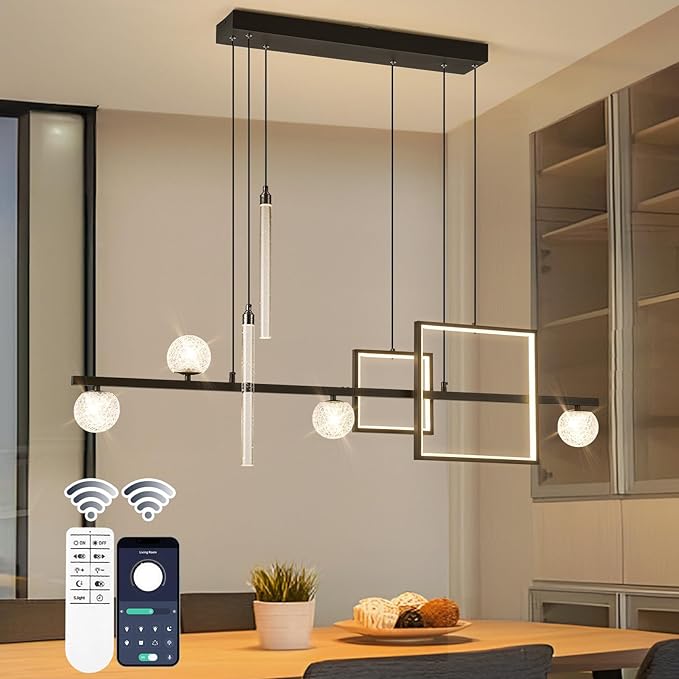ORANOOR Modern LED Pendant Lights, 47in Dimmable Linear LED Chandelier Lighting, Square Black & Gold Dining Room Hanging Light Fixtures Kitchen Island Globe Pendant Light for Dining Table (4200lm)