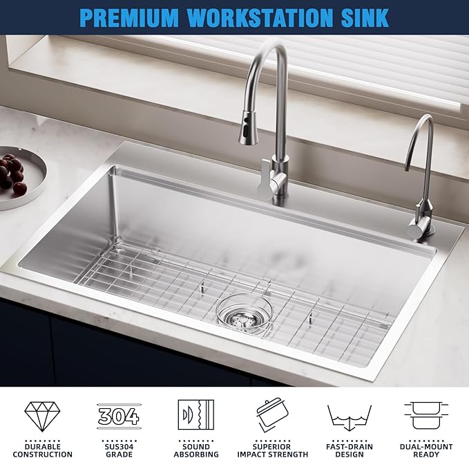 33 Undermount Kitchen Sink Modern - 33x22 Drop-in Kitchen Sinks, 18 Gauge 304 Stainless Steel Workstation Sink, Deep Single Bowl, Dual Mount, Handmade Basin, 9 Inch Deep, Built-In Accessories