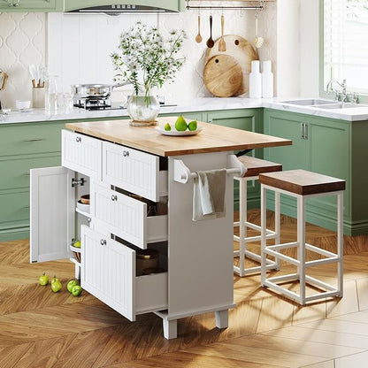 Farmhouse Kitchen Island Set with Drop Leaf and 2 Seatings Solid Wood White Design Dining Room, Versatile