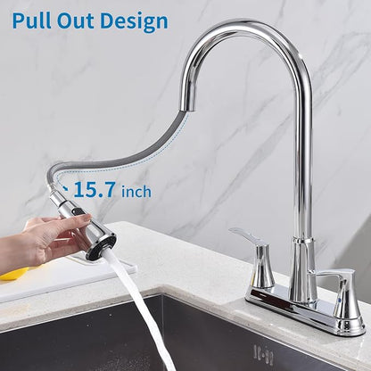HOMELODY 2 Handles Kitchen Faucet with Pull Down Sprayer for 3 Hole Sink, 8 inch 360° Rotating Spout Centerset Kitchen Sink Faucet with Water Lines Chrome