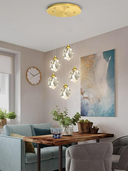 5-Light Gold Crystal Drop Pendant Light, Kitchen Island Hanging Light Fixtures, Modern Solid Clear Crystal Chandelier for Dining Room Living Room Foyer