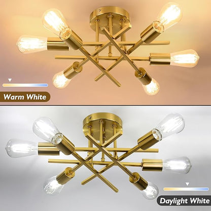 TOBUSA 6-Light Gold Semi Flush Mount Ceiling Light Fixture, Modern Industrial Brushed Golden Sputnik Ceiling Light, E26 Close to Ceiling Light for Kitchen Bedroom Dining Room Living Room Hallway