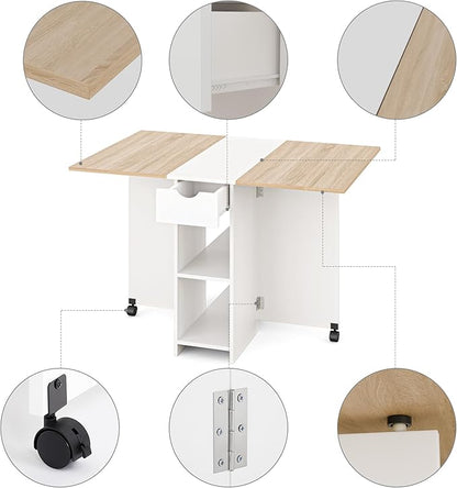 Folding Dining Table, Drop Leaf Table for Small Space with Drawer and Open Storage Shelves, Modern Rectangular Kitchen Dining Table, 47.2" L x 28.3" W (Oak & White)