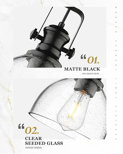 2-Pack Pendant Lights Kitchen Island, 7.5" Black Pendant Lighting with Clear Seeded Glass Shade, Farmhouse Hanging Light Fixtures for Dining Room, AD-22151-1P2-BK-G