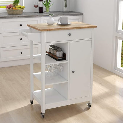 Modern Dining Table Kitchen Island Rolling Trolley Cart with Shelves, Drawer, Doors, Towel Rack & Seasoning Rack - Rubber Wood Table Top for Dining Room,White-MDF
