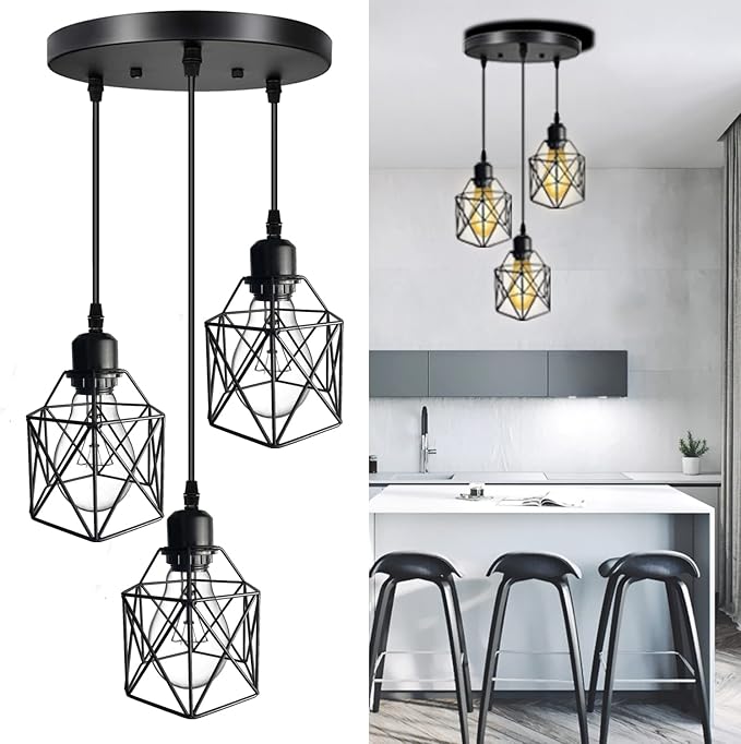 Industrial Pendant Light 3-Light,Adjustable Hanging Light Fixtures,Vintage Farmhouse Pendant Light with Metal Caged for Kitchen Dining Room Hallway,E26 Base,Black