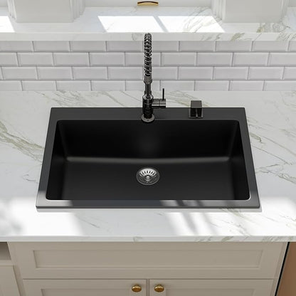 Kichae 33 Granite Composite Kitchen Sink - 33"x22" Grainte Kitchen Sink Drop In Topmount Quartz Sink Black Deep Single Bowl Basin