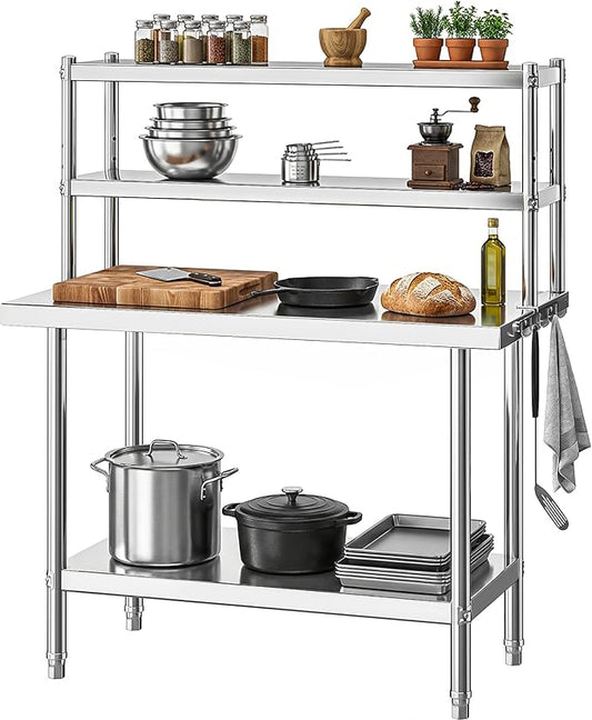 DWVO 36x24in Stainless Steel Table, NSF Metal Prep Worktable with Adjustable Overshelf for Kitchen Restaurant Hotel Garage Warehouse Home