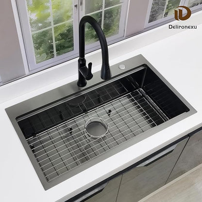 33x19 Black Kitchen Sink Drop In - 33 Inch Drop In Kitchen Sink Workstation, Black Stainless Steel Sinks, 16 Gauge Single Bowl Top Mount Workstation Sinks by Delironexu with 6 Accessories
