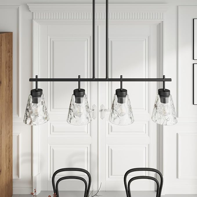 4-Light Kitchen Island Lighting, Modern 30.9 inch Black Island Chandelier with Glass Shade, Industrial Linear Pendant Lighting Over Table, Pendant Light Fixture for Dining Room