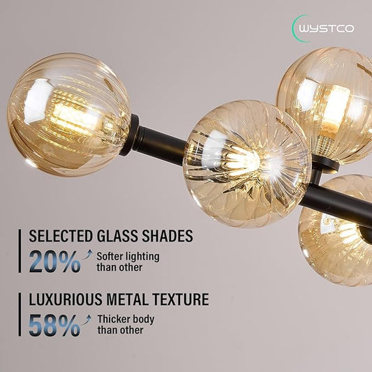 56 Inch Black Linear Chandeliers for Dining Room, Kitchen Island, Living Room, 16-Light Mid Century Modern Light Fixture Over Table, Large Amber Glass Globe Sputnik Bubble Chandelier
