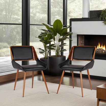 Armen Living Panda Dining Chair, Single, Black Faux Leather/Walnut