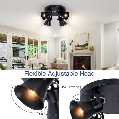SEEBLEN 4-Light Industrial Track Lighting with Pull Chain On/Off Switch, Adjustable Round Kitchen Ceiling Light, Morden Black Flush Mount Directional Light for Kitchen, Hallway, Dining Room.
