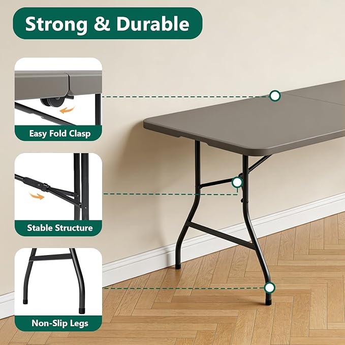 Folding Table 6FT Heavy Duty Plastic Table with Handle, Foldable&Portable, Fold-in-Half Utility Tables for Outdoor, Dining, Wedding, Events, Indoor, Picnic, Camping, Party,Khaki