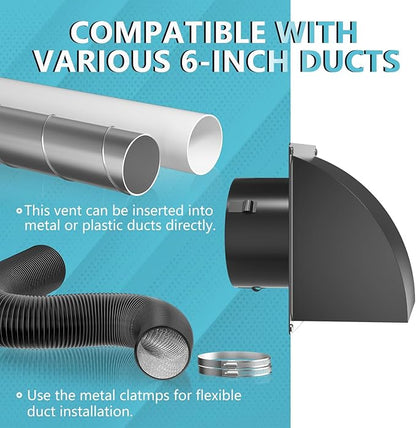 2 Pcs 4 Inch Dryer Vent Cover Outside, HG Power Metal Exterior Vent Cover with Removable Screen & Cushioned Non-Return Flap, Air Wall Vent for House, Range Hood, AC, Opening Diameter: 3.81" Black