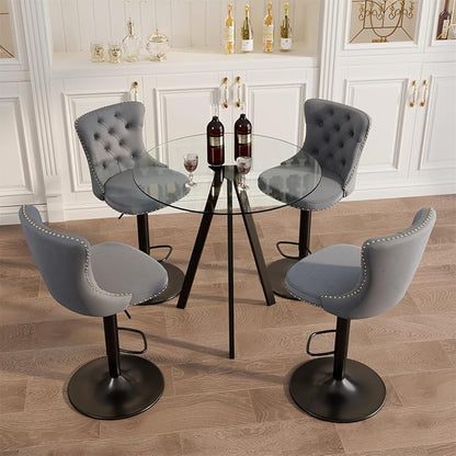 yeag 31.5'' Modern Luxury Glass Bar Table Set for 4, Round Pub Table Cocktail Table and 4 Adjustable Velvet Swivel Barstools Island Chairs for Bistro(Black Metal Legs, Clear Top + Grey Chair)