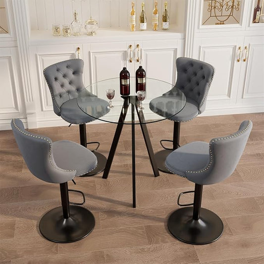 yeag 31.5'' Modern Luxury Glass Bar Table Set for 4, Round Pub Table Cocktail Table and 4 Adjustable Velvet Swivel Barstools Island Chairs for Bistro(Black Metal Legs, Clear Top + Grey Chair)