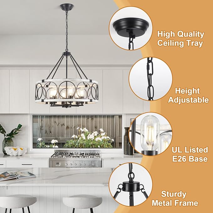 Rustic Farmhouse Chandelier 6 Light, Dining Room Light Fixtures Over Table, Hanging Farmhouse Light Fixture Round Chandelier for Kitchen Island Entryway Foyer Bedroom-Black & White Oak