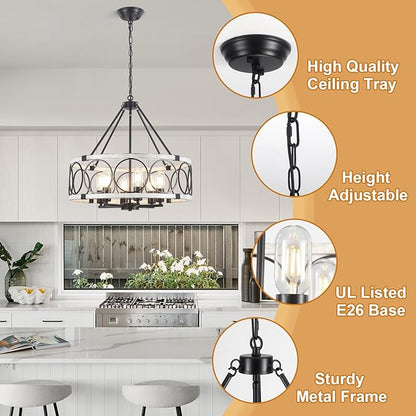 Rustic Farmhouse Chandelier 6 Light, Dining Room Light Fixtures Over Table, Hanging Farmhouse Light Fixture Round Chandelier for Kitchen Island Entryway Foyer Bedroom-Black & White Oak