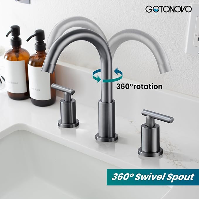 gotonovo 3 Hole 2 Handles Lavatory Basin Bathroom Sink Faucet with Pop Up Drain with Hot and Cold Mixer Valves 8 Inch Widespread Bathroom Faucet Gray