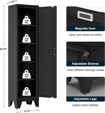 LCAOPC 67" Tall Narrow Bathroom Metal Storage Cabinet with 4 Adjustable Shelves, Freestanding 5 Tier Slim Pantry Storage Cabinet for Small Space, Black