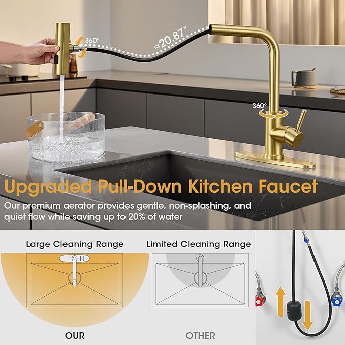 Waterfall Kitchen Faucet with Pull Down Sprayer, ARTIQUA Brushed Gold Single Handle Kitchen Sink Faucet with Deck Plate Fits 1 or 3 Hole, for Bar RV Laundry Farmhouse Outdoor and Camper