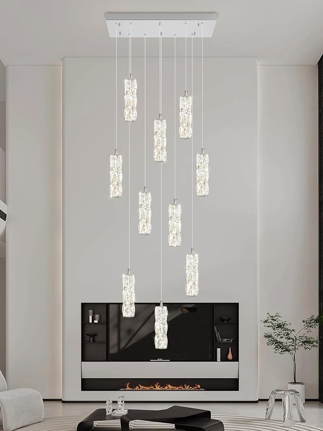ykolupty Modern Crystal Chandelier 10-Lights Rectangle Pendant Light LED Dimmable Silver Linear Chandelier Flush Mount Crystal Pendant Light for Living Room Dining Room Foyer