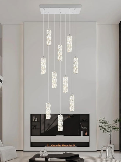 ykolupty Modern Crystal Chandelier 10-Lights Rectangle Pendant Light LED Dimmable Silver Linear Chandelier Flush Mount Crystal Pendant Light for Living Room Dining Room Foyer