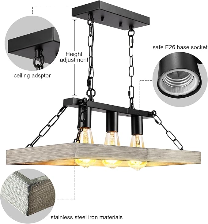 Rustic Farmhouse Chandelier for Dining Room 3-Lights Black+Wood