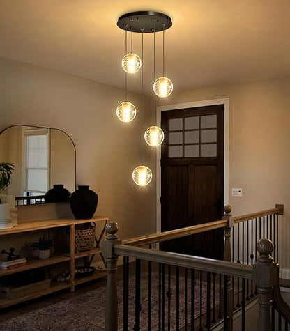 HAIXIANG 5 Lights Globe Chandelier Modern Crystal Glam Light LED Warm Light Pendant Lights for Dining Room Kitchen Island Black Lighting Fixture