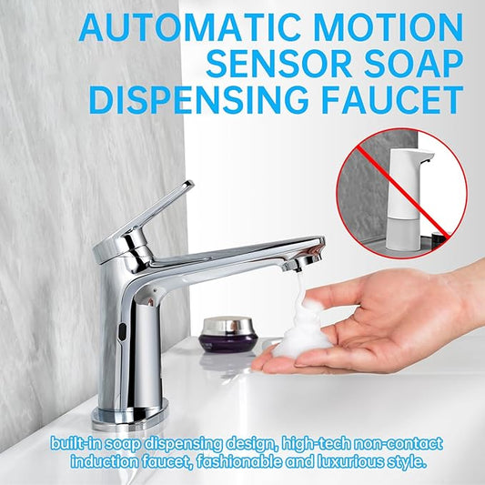 Bathroom Faucet with Built-in Soap Dispenser, Adjustable Hot & Cold Water Temperature, Short & Long Sensor Modes, Touchless Automatic Basin Sensor Faucet (Chrome)