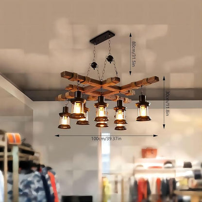 Wooden Chandelier 8 Lights Industrial Chandelier Retro Wood Lamp Pendant Lights Farmhouse Ceiling Lighting Lamp Fixture Dining Room Light Fixture Glass Lampshade for Homes, Bars, Restaurants, Cafes