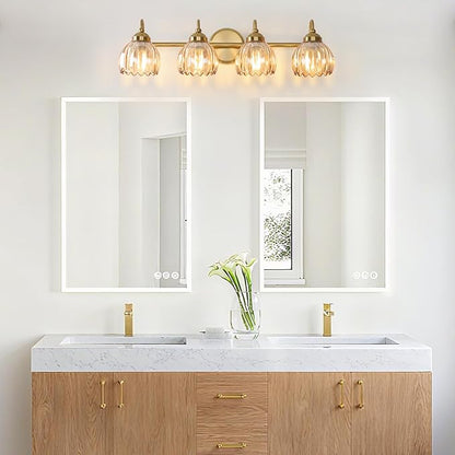 Vintage Bathroom Light Fixtures, Brass Vanity Lights with Amber Tulip Glass Shade, Vanity Sconces for Bathroom Bedroom Living Room Hallway, 4-Light