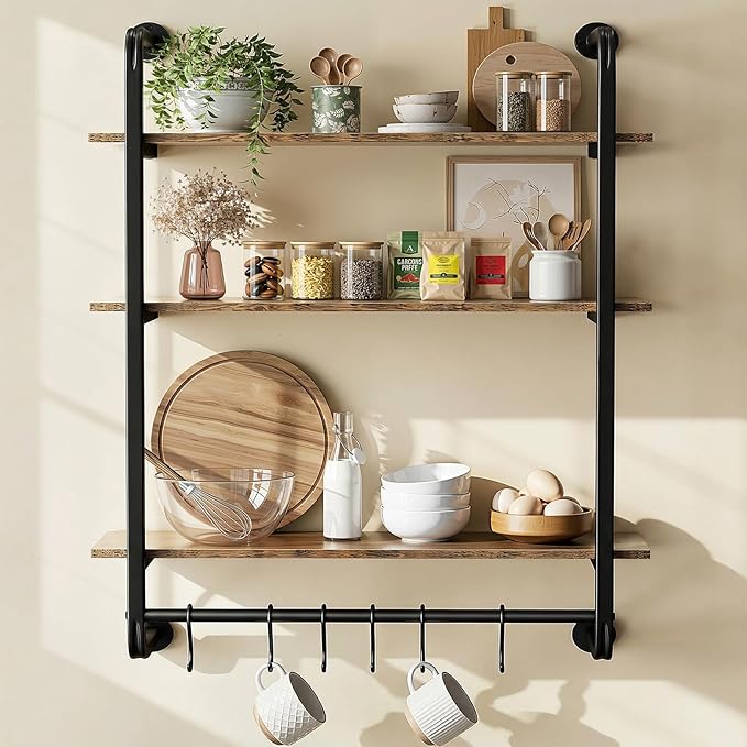 3 Tier Industrial Pipe Floating Shelf, 24" Kitchen Wall Shelves with Towel Bar & 6 Hooks, Coffee Bar Shelves Display Bookshelf Wall Shelf for Kitchen, Bathroom, Home Décor, Rustic Brown