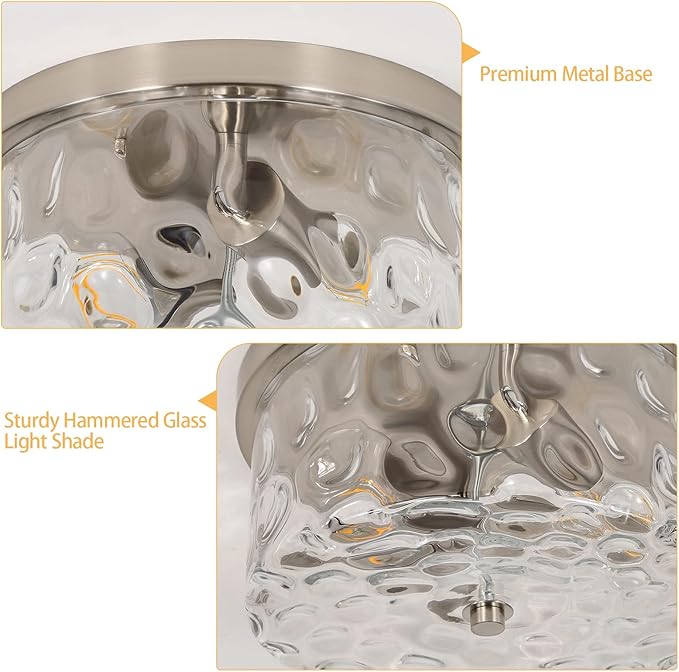 LamQee 9.8" Small Flush Mount Ceiling Light With Clear Hammered Glass, Brushed Nickel Hallway Light Fixtures Ceiling Mount for Bathroom, 2-Lights Farmhouse Close To Ceiling Light Kitchen Foyer Bedroom