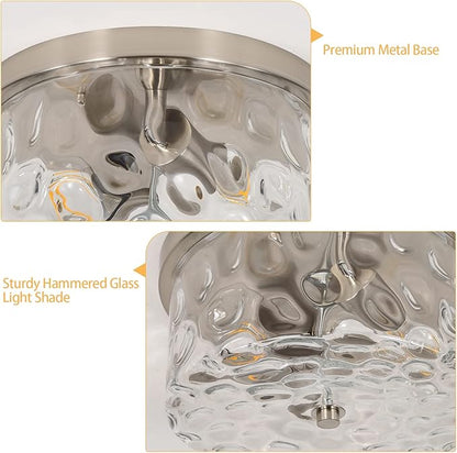 LamQee 9.8" Small Flush Mount Ceiling Light With Clear Hammered Glass, Brushed Nickel Hallway Light Fixtures Ceiling Mount for Bathroom, 2-Lights Farmhouse Close To Ceiling Light Kitchen Foyer Bedroom