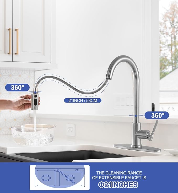 Brushed Nickel Kitchen Sink Faucet with Pull Down Sprayer- High Arc Stainless Steel Single Handle, 3-Spray Mode Metal Head for RV Camper Farm, Fit for 1 or 3 Hole with 10'' Deck Plate