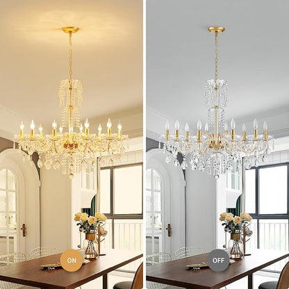 WUZUPS 10-Light Crystal Candle Chandelier Pendant Ceiling Light Modern Lighting Fixture for Bedroom Hallway Bar Kitchen Bathroom, H 26.7" W 33.9", E12 Base, Gold