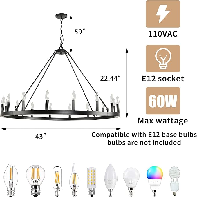 Black Wagon Wheel Chandelier Farmhouse: 16-Light 43 Inch Large Chandeliers for High Ceilings, Round Matte Black Chandelier for Dinning Room, Kitchen Island, Living Room, Foyer, Entryway