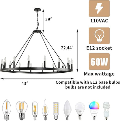 Black Wagon Wheel Chandelier Farmhouse: 16-Light 43 Inch Large Chandeliers for High Ceilings, Round Matte Black Chandelier for Dinning Room, Kitchen Island, Living Room, Foyer, Entryway