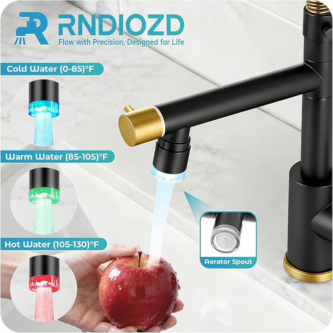 LED Kitchen Faucet with Pull Down Sprayer - Black & Brushed Gold Single Handle Commercial Kitchen Faucets, 2-Spout Kitchen Sink Faucet, Stainless Steel Spring Pull Out Sink Faucet 1/3 Hole