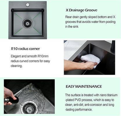 Drop In Kitchen Sink, 15 x 15 Inch Single Bowl Topmount Bar Prep Sink 16 Gauge T-304 Stainless Steel Gunmetal Black Kitchen Sinks