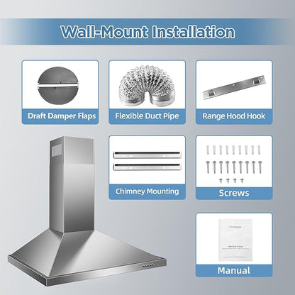 24 Inch Range Hood, Wall Mount Vent Hood in Stainless Steel with Ducted/Ductless Convertible Duct, 3 Speed Exhaust Fan, Energy Saving LED Light, Push Button Control, 2 Pcs Baffle Filters