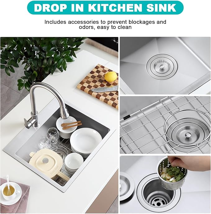 22x18 Inch Drop-In Kitchen Sink, 304 Stainless Steel Single Bowl with Bottom Grid & X-Drain, 9" Deep for Narrow Countertop, Small Kitchen, RV, Bar Sink