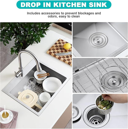 22x18 Inch Drop-In Kitchen Sink, 304 Stainless Steel Single Bowl with Bottom Grid & X-Drain, 9" Deep for Narrow Countertop, Small Kitchen, RV, Bar Sink